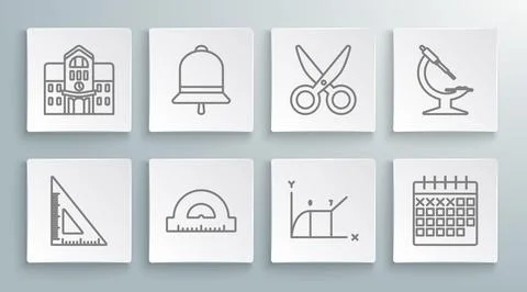 Set line Triangular ruler, Ringing bell, Protractor grid for measuring degrees Illustrazione stock