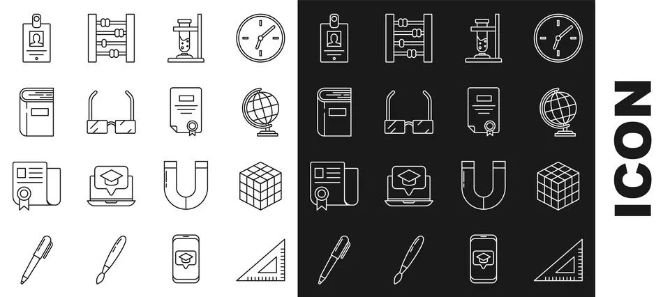 Set line Triangular ruler, Rubik cube, Earth globe, Glass test tube flask on Illustrazione stock