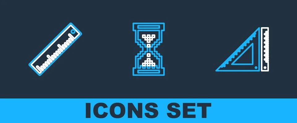 Set line Triangular ruler, Ruler and Hourglass pixel icon. Vector Illustrazione stock