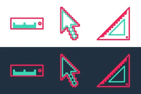 Set line Triangular ruler, Ruler and Pixel arrow cursor icon. Vector Stock Illustration
