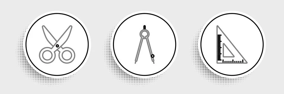 Set line Triangular ruler, Scissors and Drawing compass icon. Vector Stock Illustration
