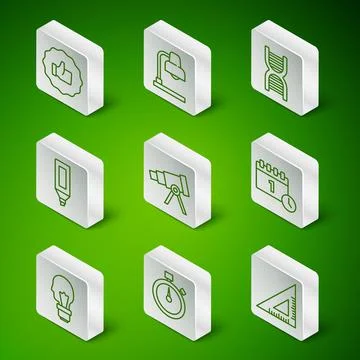 Set line Triangular ruler, Stopwatch, Hand thumb up, Telescope, Marker pen Illustrazione stock