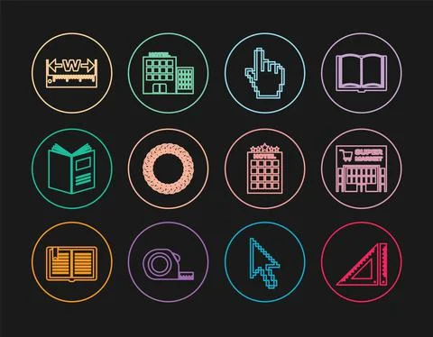 Set line Triangular ruler, Supermarket building, Pixel hand cursor, Laurel 스톡 일러스트