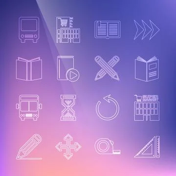 Set line Triangular ruler, Supermarket building, Open book, Audio, Bus and Ilustración de archivo