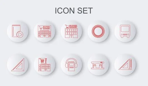 Set line Triangular ruler, Supermarket building, Gas filling station, Audio.. Illustrazione stock