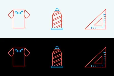 Set line Triangular ruler, T-shirt and Sewing thread icon. Vector Illustrazione stock