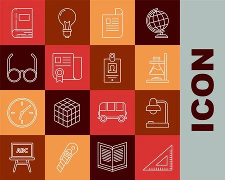 Set line Triangular ruler, Table lamp, Glass test tube flask on fire, Docum.. Stock Illustration