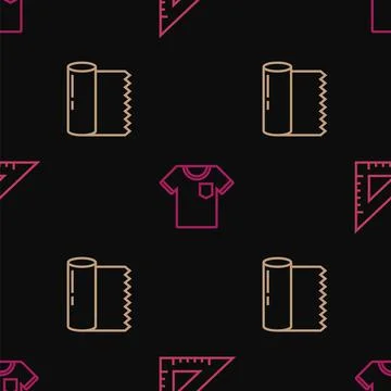 Set line Triangular ruler, Textile fabric roll and T-shirt on seamless pattern Stockillustratie