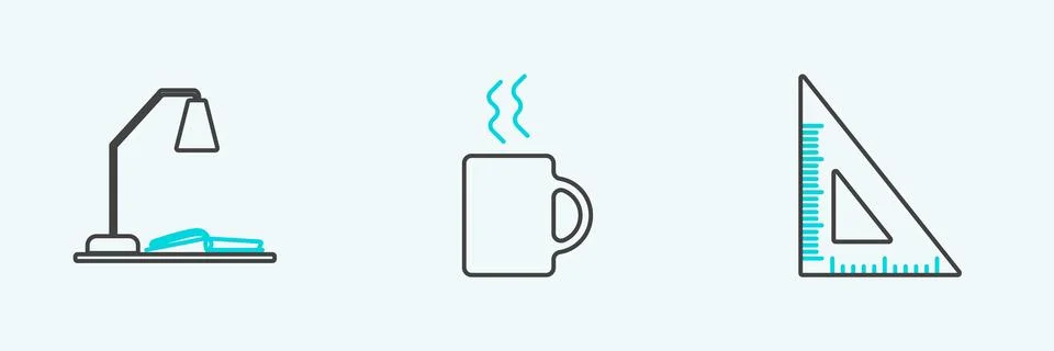 Set line Triangular ruler, Workplace with table lamp and open book and Coff.. Stock Illustration