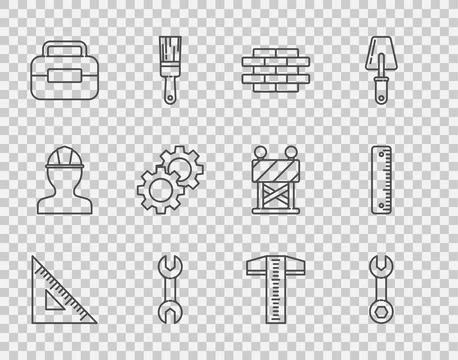 Set line Triangular ruler, Wrench spanner, Bricks, Toolbox, Gear, T-square .. 스톡 일러스트