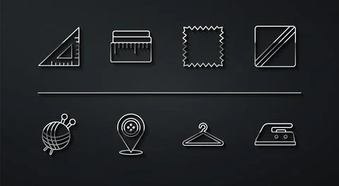 Set line Triangular ruler, Yarn ball with knitting needles, Sewing Pattern Stockillustratie