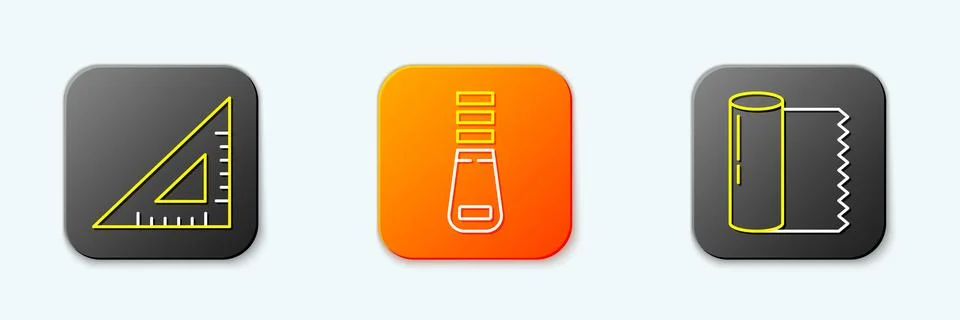 Set line Triangular ruler, Zipper and Textile fabric roll icon. Vector Stock Illustration
