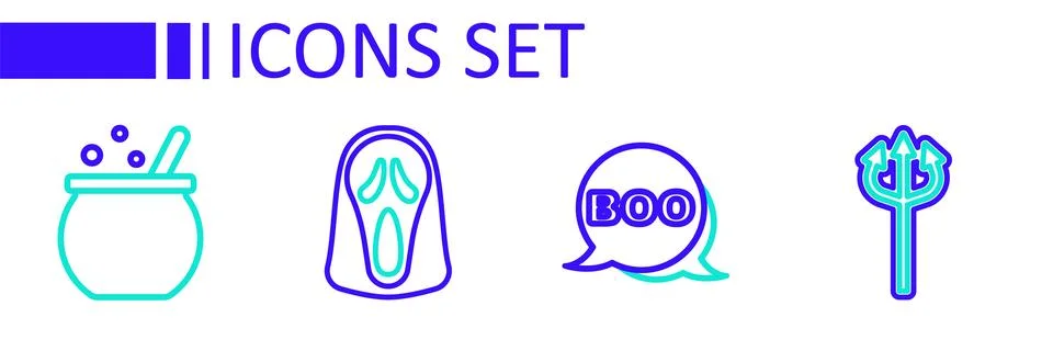 Set line Trident devil, Boo speech bubble, Funny and scary ghost mask and H.. Illustrazione stock
