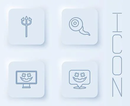 Set line Trident devil, Eye, Happy Halloween holiday and . White square button Illustrazione stock