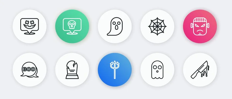 Set line Trident devil, Frankenstein face, Boo speech bubble, Ghost, Spider.. Stock Illustration