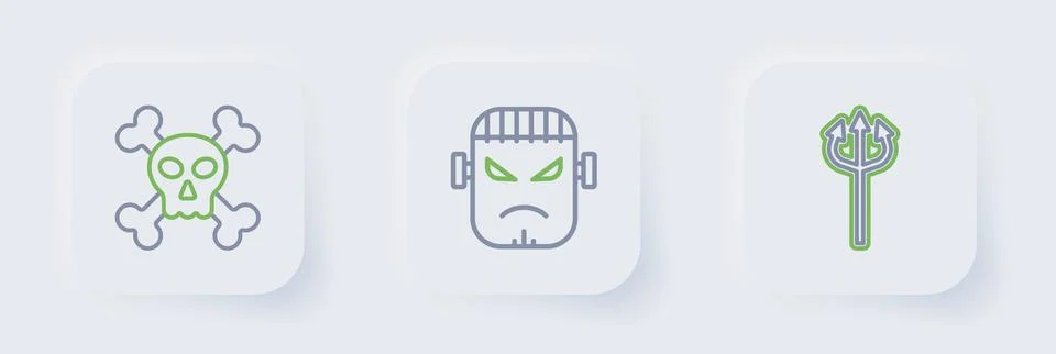 Set line Trident devil, Frankenstein face and Skull on crossbones icon. Vecto イラスト素材