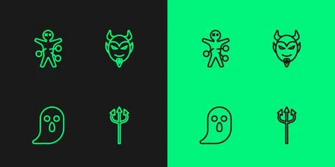 Set line Trident devil, Ghost, Voodoo doll and Devil head icon. Vector Stockillustratie