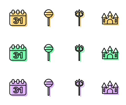Set line Trident devil, Halloween date 31 october, Lollipop and Castle icon Stock Illustration