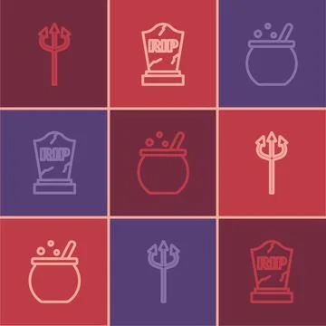 Set line Trident devil, Halloween witch cauldron and Tombstone with RIP written Stock Illustration