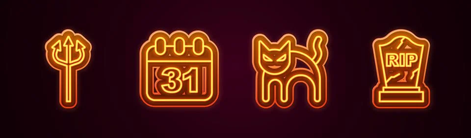 Set line Trident devil, Halloween date 31 october, Black cat and Tombstone with Stock Illustration