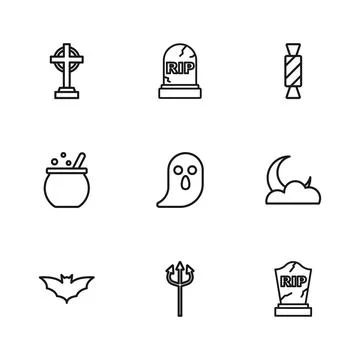 Set line Trident devil, Moon and stars, Tombstone with RIP written, Ghost, .. Stock Illustration