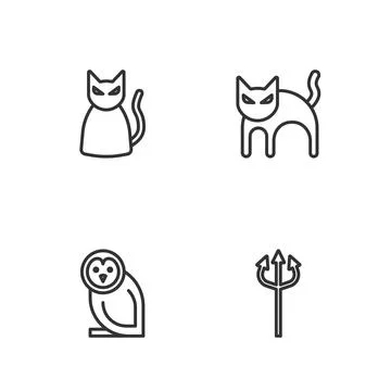 Set line Trident devil, Owl bird, Black cat and icon. Vector Stock Illustration