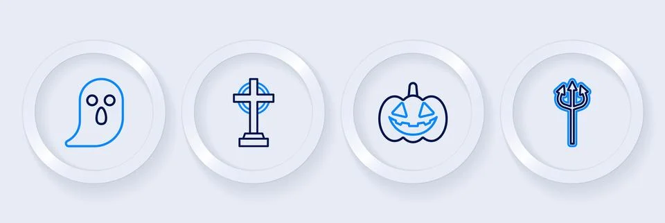 Set line Trident devil, Pumpkin, Tombstone with cross and Ghost icon. Vector 스톡 일러스트