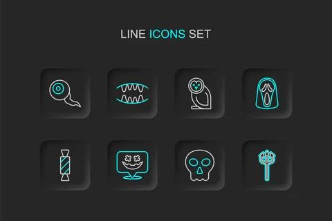 Set line Trident devil, Skull, Happy Halloween holiday, Candy, Funny scary .. Illustrazione stock
