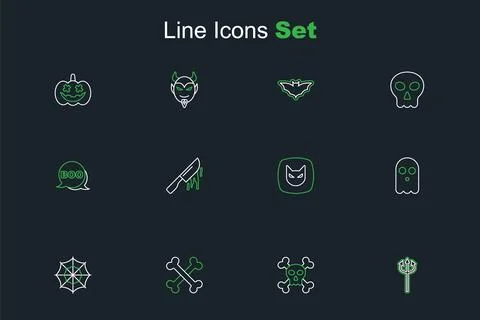 Set line Trident devil, Skull on crossbones, Crossed, Spider web, Ghost, Bl.. Stock Illustration