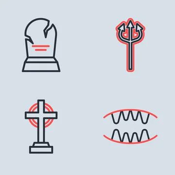 Set line Trident devil, Tombstone with cross, Vampire teeth and RIP written.. Illustrazione stock
