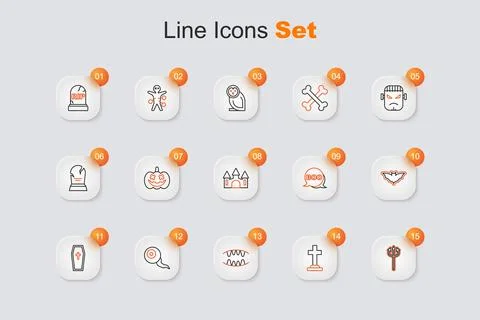 Set line Trident devil, Tombstone with cross, Vampire teeth, Eye, Coffin ch.. Stock Illustration