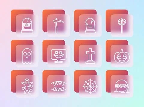 Set line Trident devil, Vampire teeth, Tombstone with cross, Spider web, Ha.. Illustrazione stock