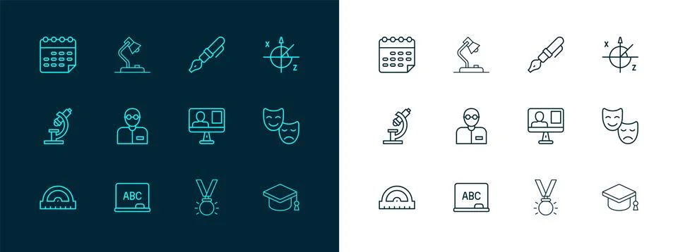 Set line Trigonometric circle, Chalkboard, Online class, Medal, Teacher, Fo.. Stock Illustration