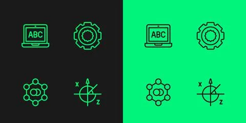 Set line Trigonometric circle, Molecule, Laptop and Gear icon. Vector Illustrazione stock
