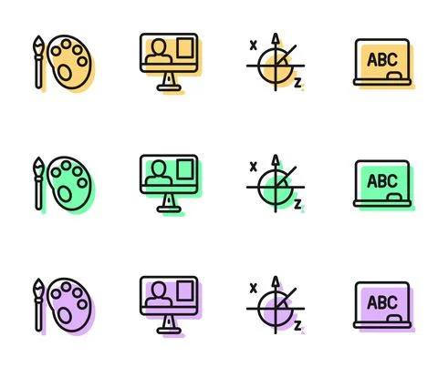 Set line Trigonometric circle, Paint brush with palette, Online class and Stock Illustration