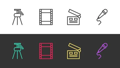 Set line Tripod, Play Video, Movie clapper and Microphone on black and whit.. Stock Illustration