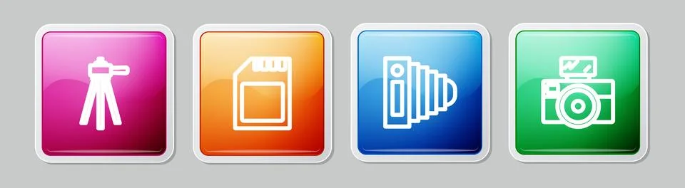 Set line Tripod, SD card, Photo camera and with flash. Colorful square butt.. Stock Illustration