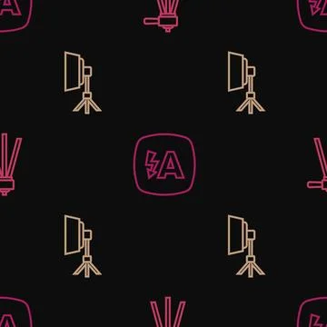 Set line Tripod, Softbox light and Auto flash on seamless pattern. Vector Illustrazione stock