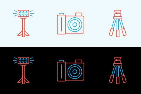 Set line Tripod, Studio light bulb in softbox and Photo camera icon. Vector Stock Illustration