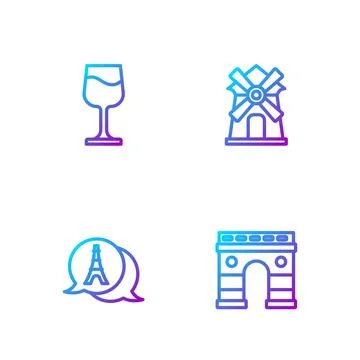 Set line Triumphal Arch, Eiffel tower, Wine glass and Windmill. Gradient color イラスト素材