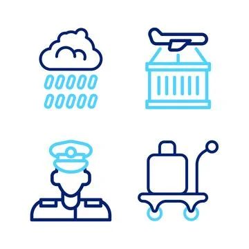Set line Trolley baggage, Pilot, Plane and Cloud with rain icon. Vector Stock Illustration