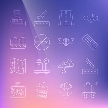 Set line Trolley baggage, Plane landing, Airline ticket, Airport runway, No 库存插图