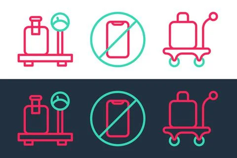Set line Trolley baggage, Scale with suitcase and No cell phone icon. Vector イラスト素材