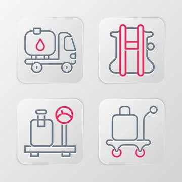 Set line Trolley baggage, Scale with suitcase, Parachute and Fuel tanker truck Stockillustratie