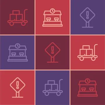 Set line Trolley suitcase, Exclamation mark in square and Railway station ico Illustration