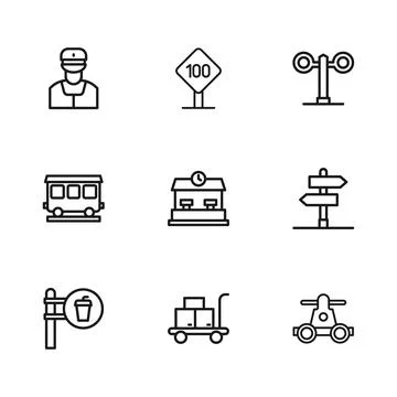 Set line Trolley suitcase, Road traffic sign, Handcar transportation, Railw.. Stock Illustration