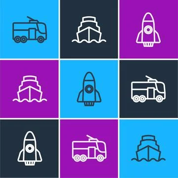Set line Trolleybus, Rocket ship and Cruise icon. Vector Stock Illustration