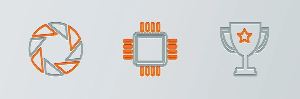 Set line Trophy cup, Camera shutter and Processor with CPU icon. Vector Stock Illustration
