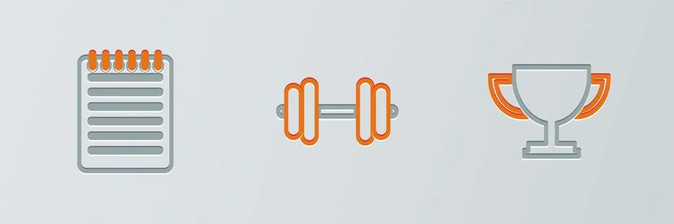 Set line Trophy cup, Notebook and Dumbbell icon. Vector Illustrazione stock