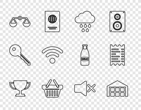 Set line Trophy cup, Warehouse, Cloud with rain, Shopping basket, Scales of Stock Illustration